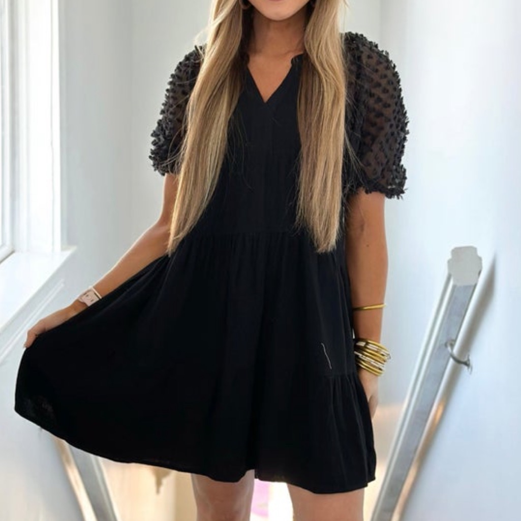 Umgee Black Mini Dress With Textured Sleeves